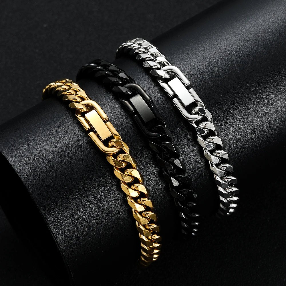 8MM Gold Black Cuban Link Bracelet for Men – Titanium Steel, Hip Hop Style
