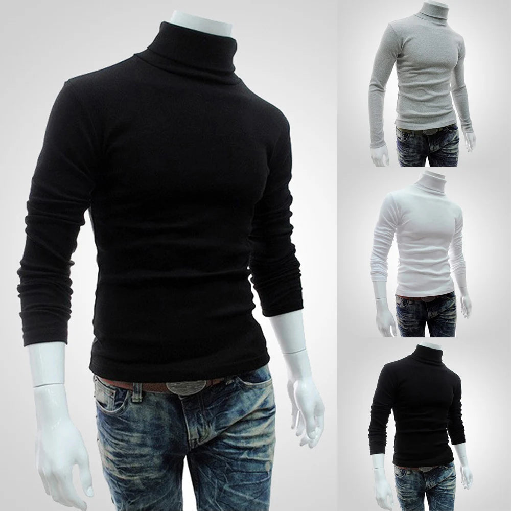New Men's Slim Turtleneck Long Sleeve Tops Pullover Warm Stretch Knitwear Sweater Tight-fitting High-neck Casual