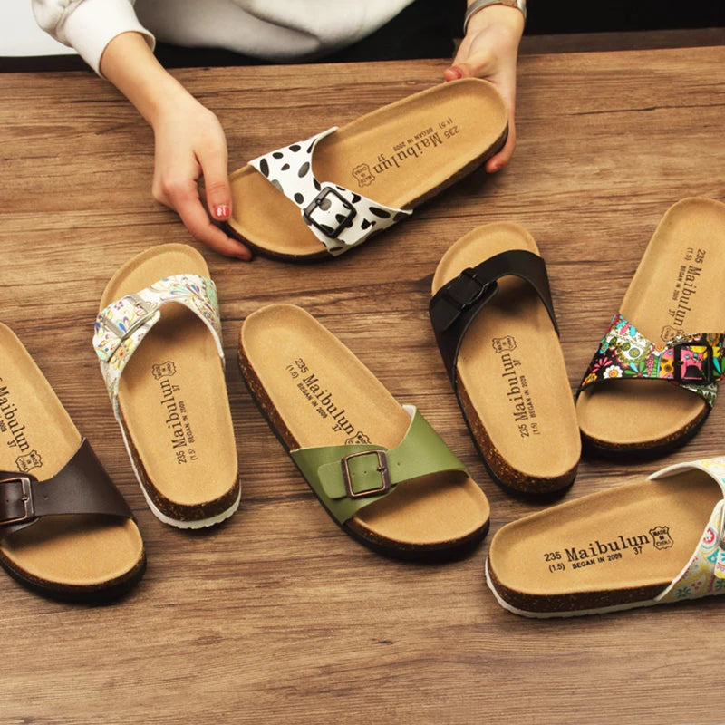 korean style couple cork sandals women beach sandals ladies summer soft microfiber leather