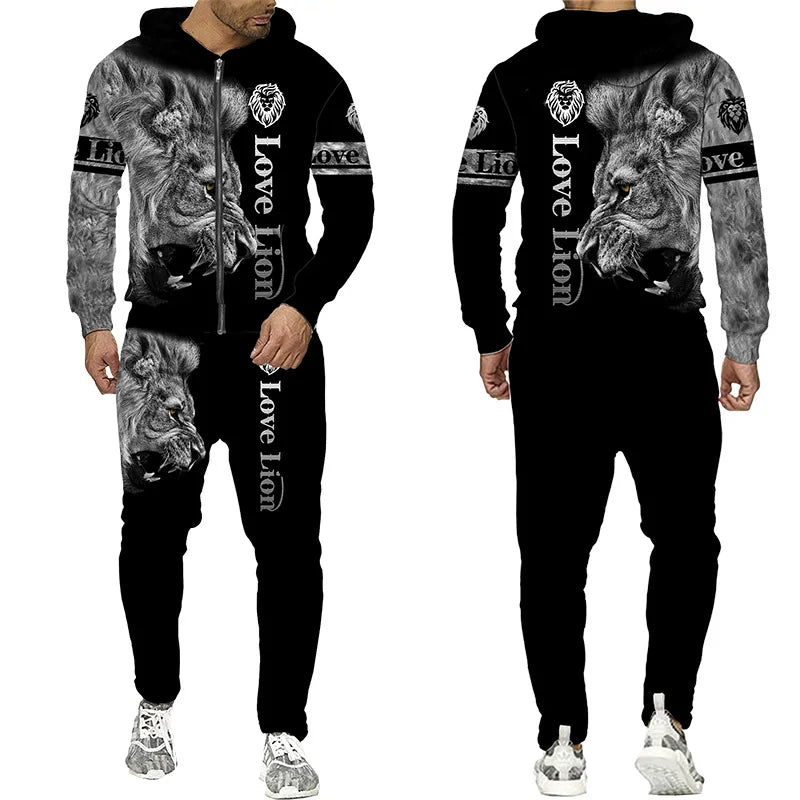 New Lion 3D Printed Hoodie Pants Suit Cool Men's Sportswear Autumn Winter Collection