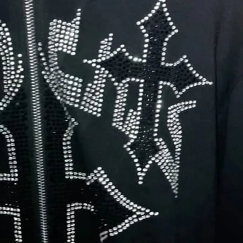 Y2K men's fashion hooded sweatshirt decorated with rhinestones and printed graphics zipper long sleeve oversized sweater