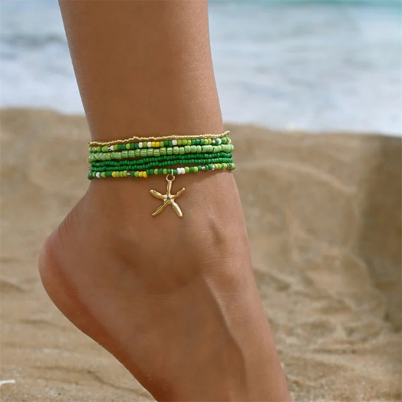 Multilayer Rice Bead Starfish Anklet Set for Women – Beach Summer Jewelry