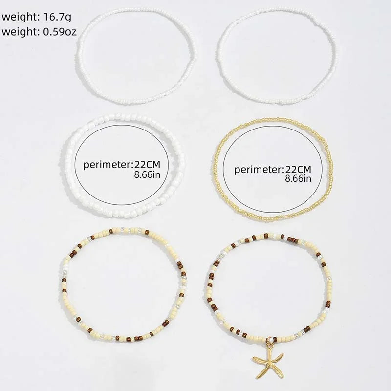Multilayer Rice Bead Starfish Anklet Set for Women – Beach Summer Jewelry