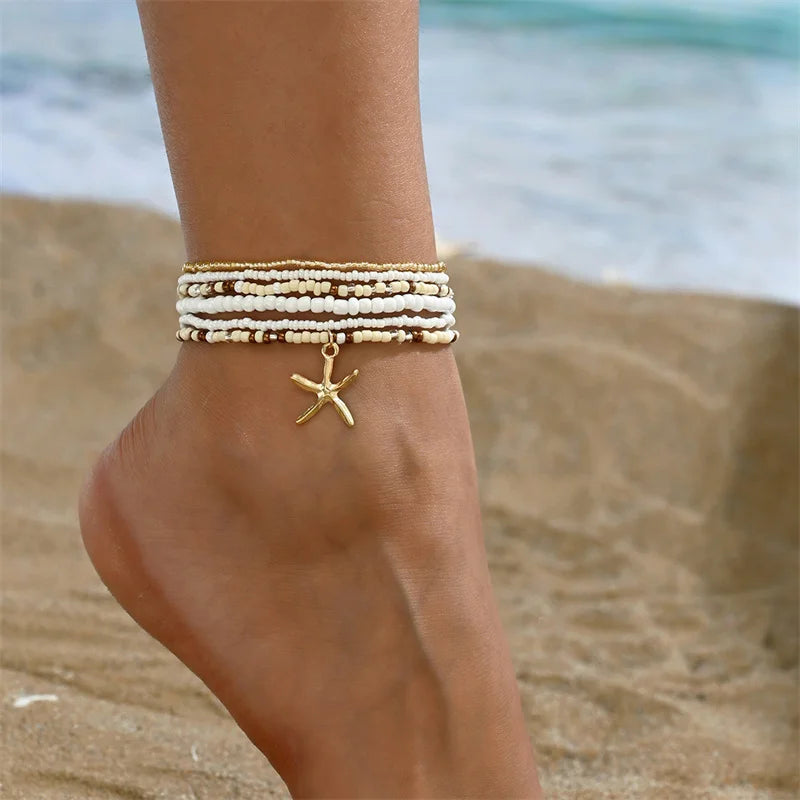 Multilayer Rice Bead Starfish Anklet Set for Women – Beach Summer Jewelry