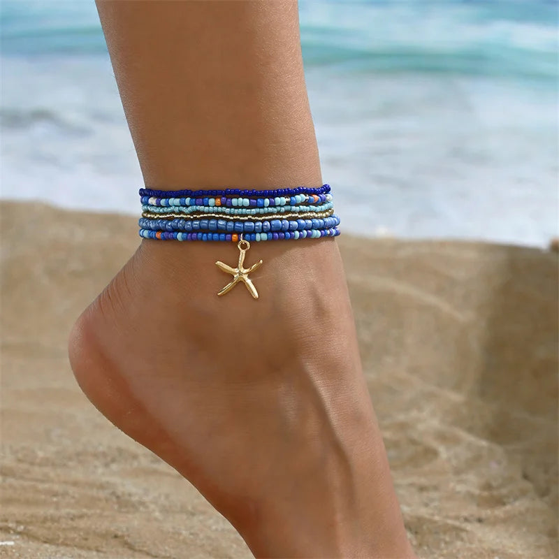 Multilayer Rice Bead Starfish Anklet Set for Women – Beach Summer Jewelry
