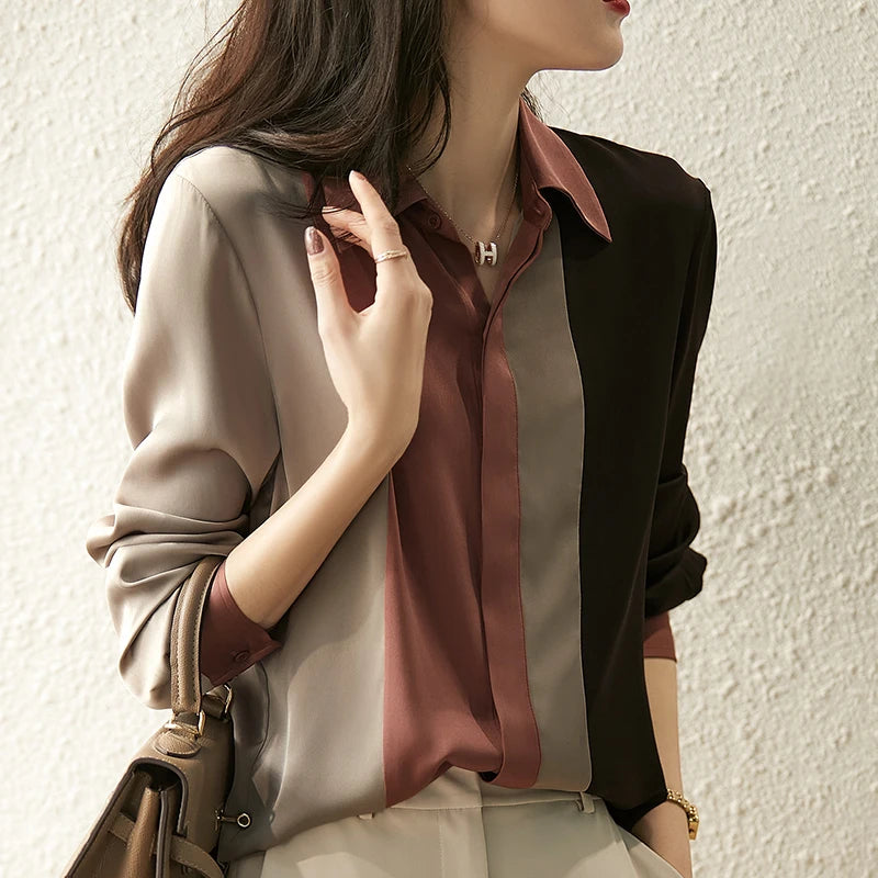 Long Sleeve Silk Women's Blouse Autumn New Polo Collar Button Loose Elegant Women's Shirt