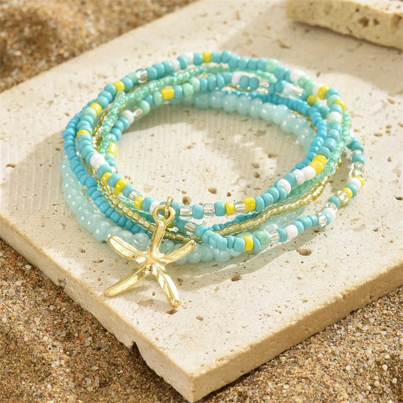 Multilayer Rice Bead Starfish Anklet Set for Women – Beach Summer Jewelry