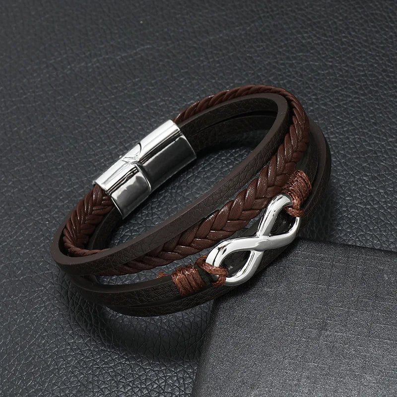 Men's Fashion Punk Leather Bracelet – Stainless Steel, Braided Rope, Multilayer Gift