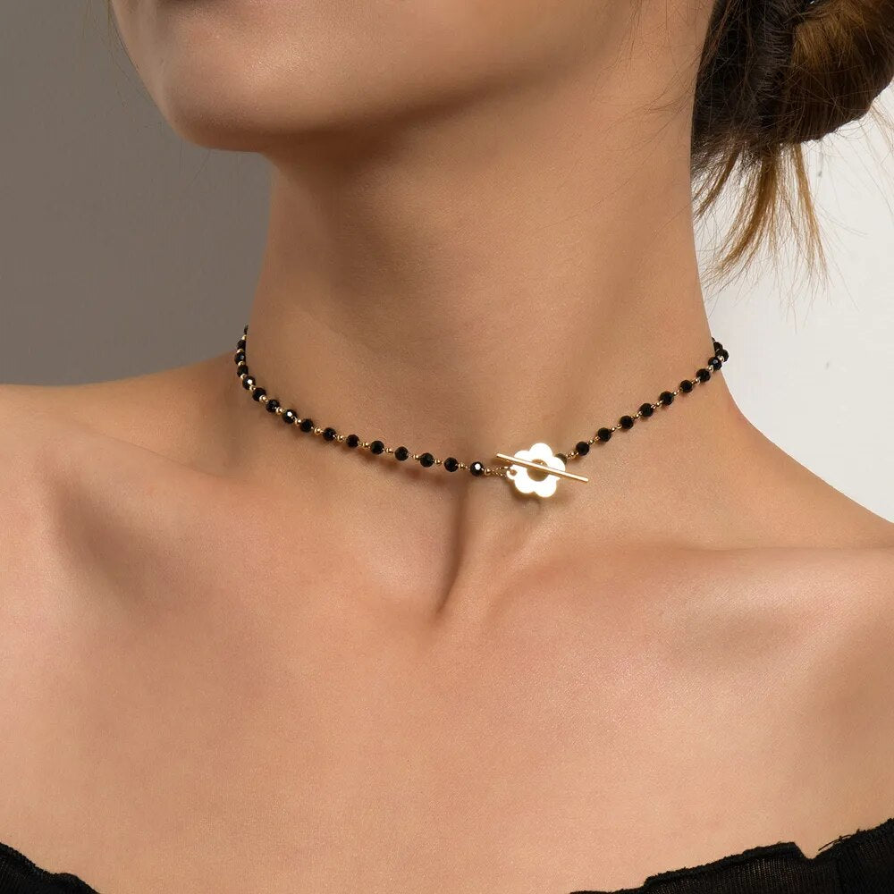 Sumeng 2023 new fashion luxury black crystal string glass beads choker
