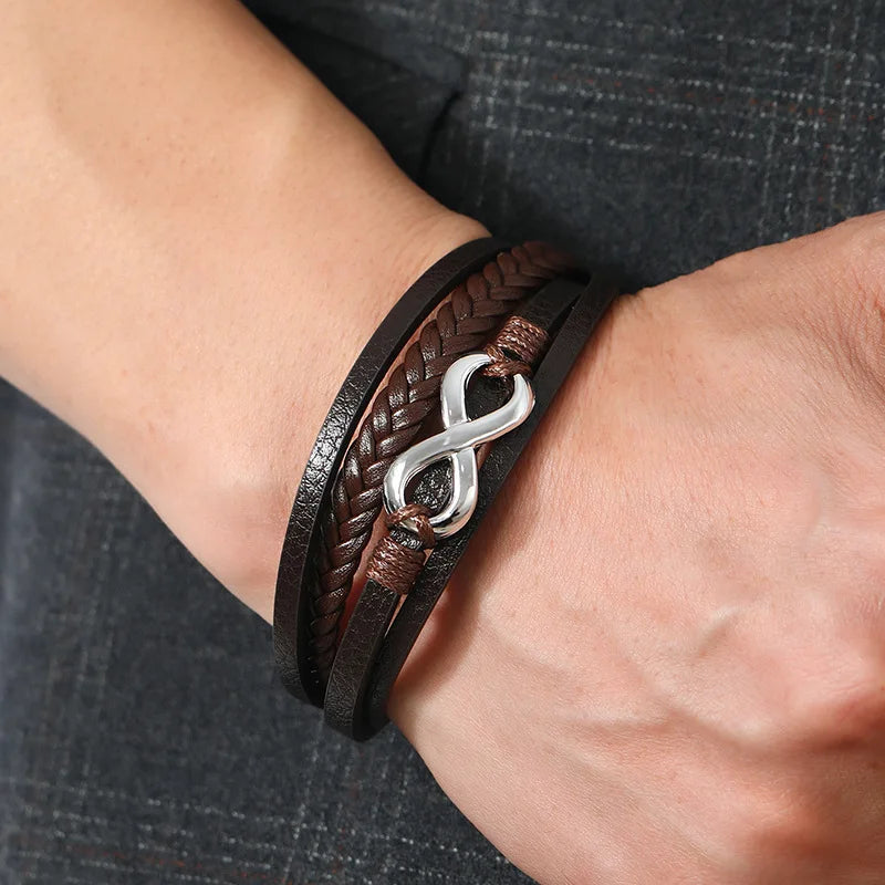Men's Fashion Punk Leather Bracelet – Stainless Steel, Braided Rope, Multilayer Gift