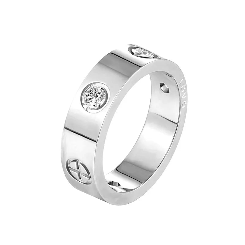 Trendy stainless steel rose gold color love ring for women & men CZ couple Crystal Luxury Brand rings