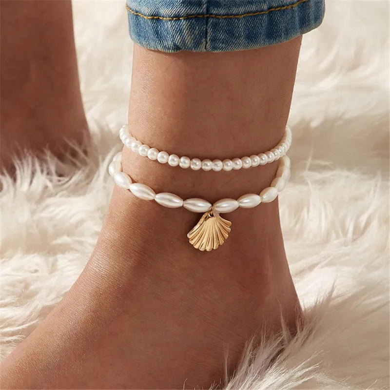 Pearl Shell Anklet Bracelet – Gold Chain Beach Wedding Jewelry for Women