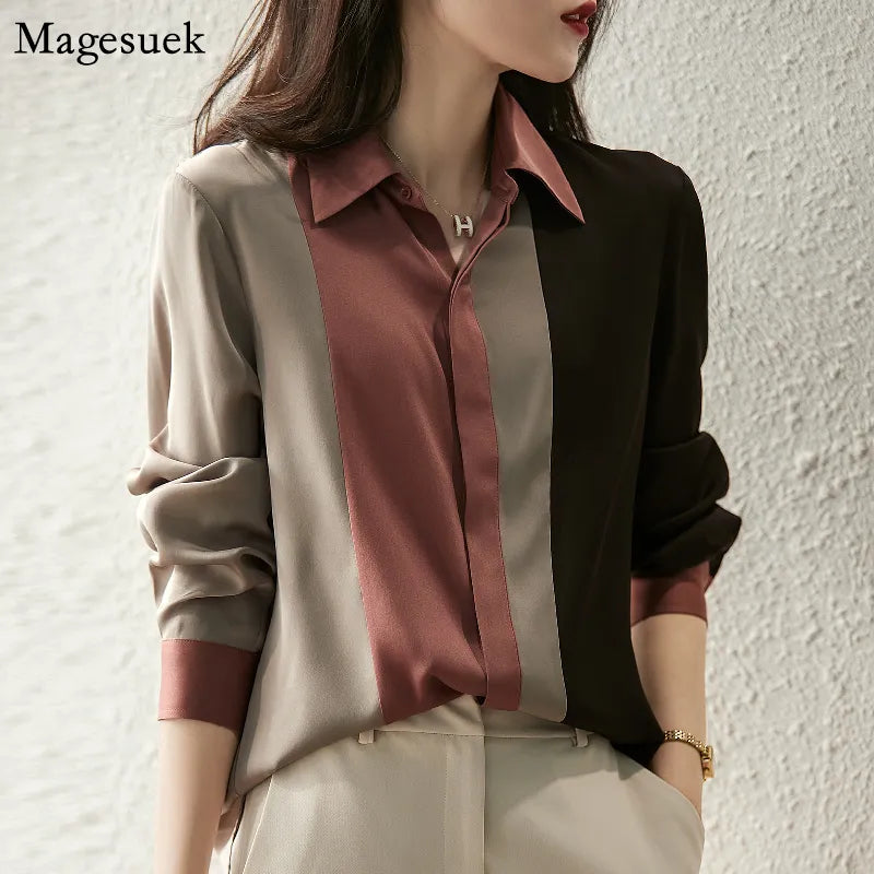 Long Sleeve Silk Women's Blouse Autumn New Polo Collar Button Loose Elegant Women's Shirt