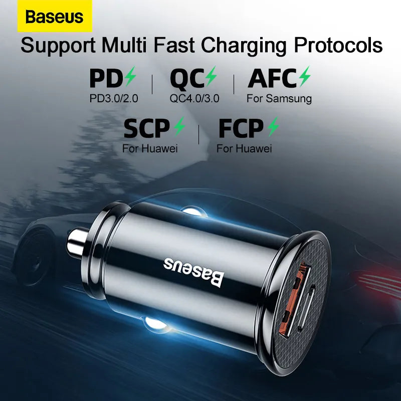 Baseus USB Car Charger Quick Charge 4.0 QC4.0 QC3.0 QC SCP 5A PD Type C 30W Fast Car USB Charger For iPhone, Xiaomi, samsung Mobile Phone