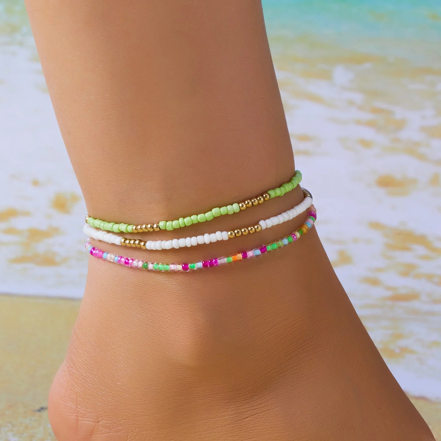 Multilayer Rice Bead Starfish Anklet Set for Women – Beach Summer Jewelry