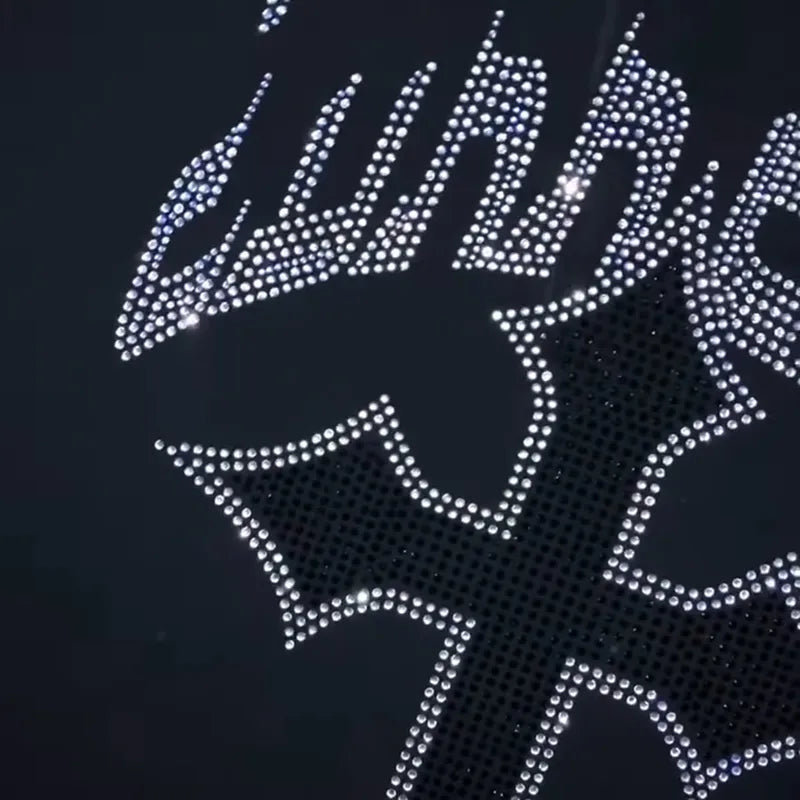 Y2K men's fashion hooded sweatshirt decorated with rhinestones and printed graphics zipper long sleeve oversized sweater