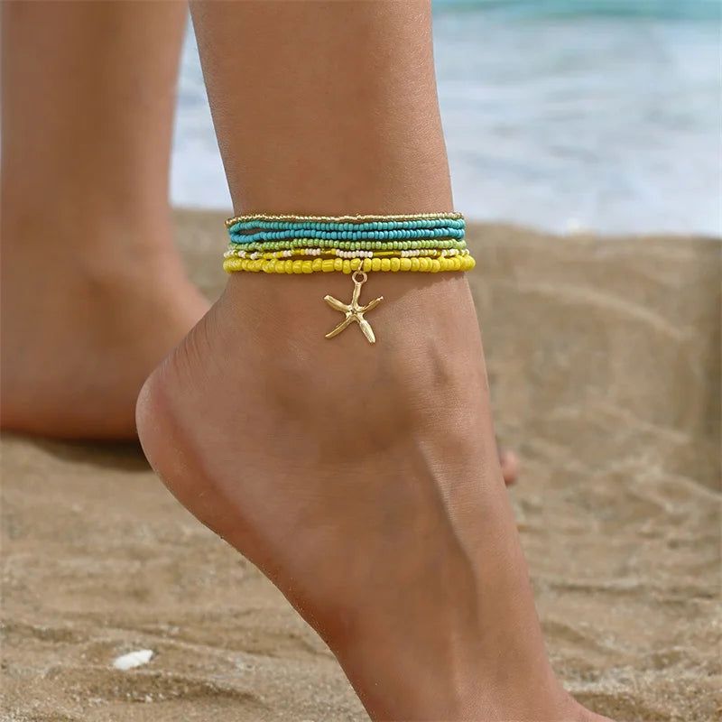 Multilayer Rice Bead Starfish Anklet Set for Women – Beach Summer Jewelry