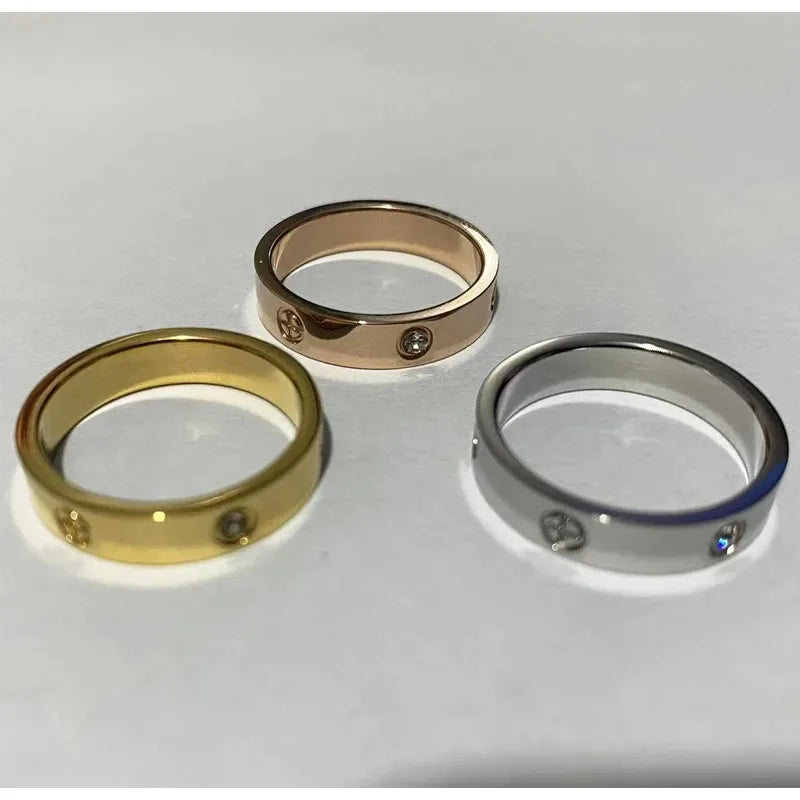 Trendy stainless steel rose gold color love ring for women & men CZ couple Crystal Luxury Brand rings
