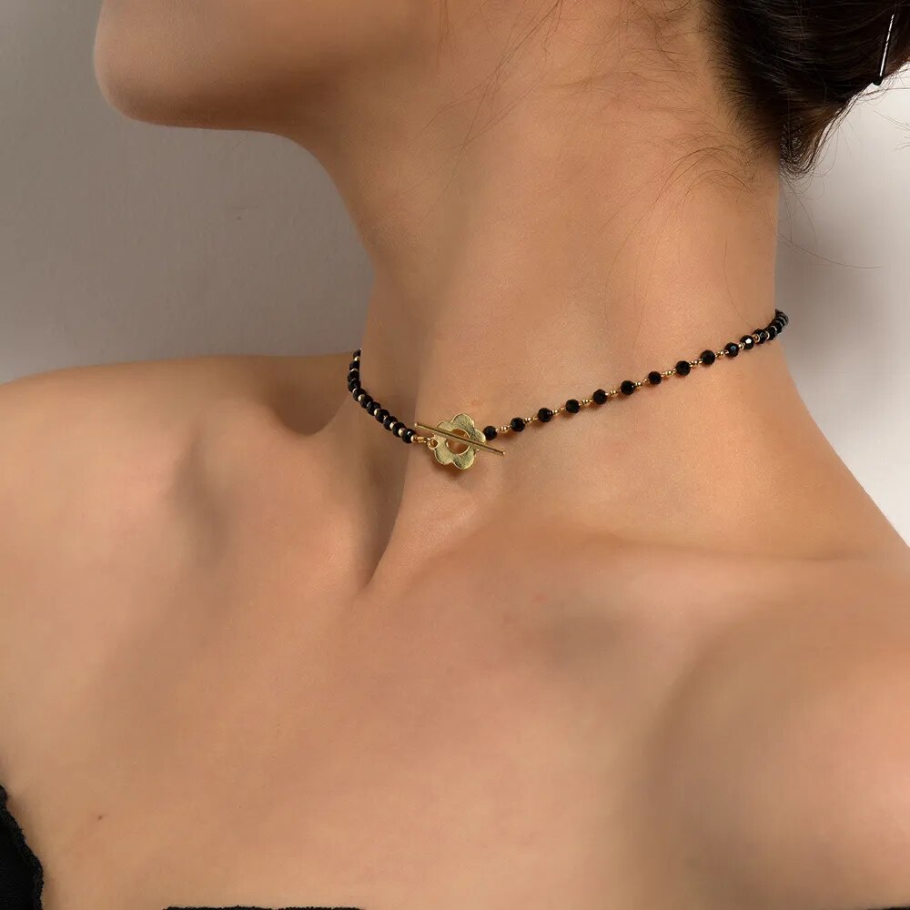 Sumeng 2023 new fashion luxury black crystal string glass beads choker