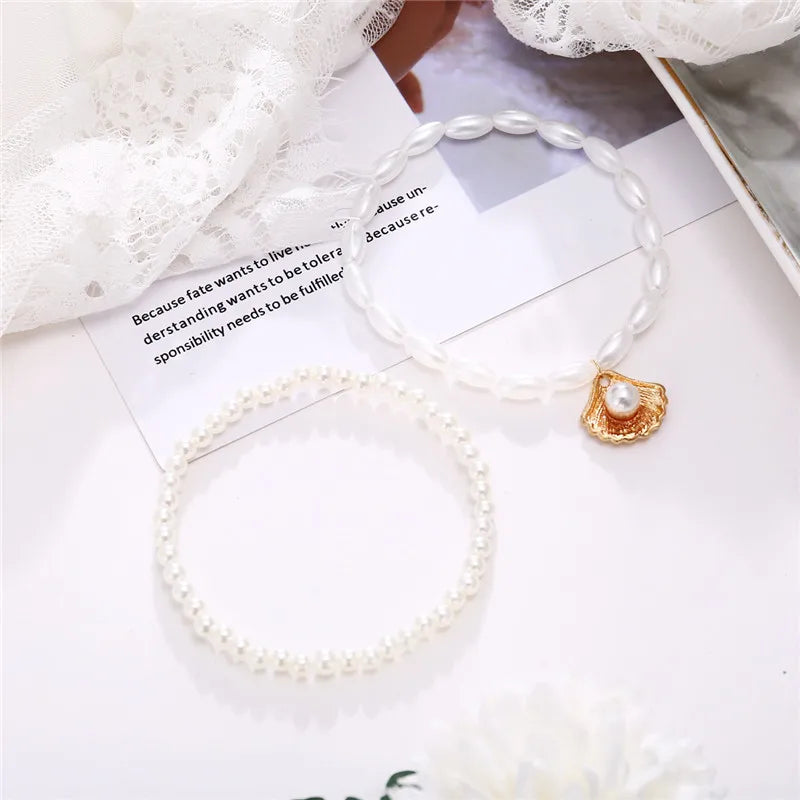 Pearl Shell Anklet Bracelet – Gold Chain Beach Wedding Jewelry for Women