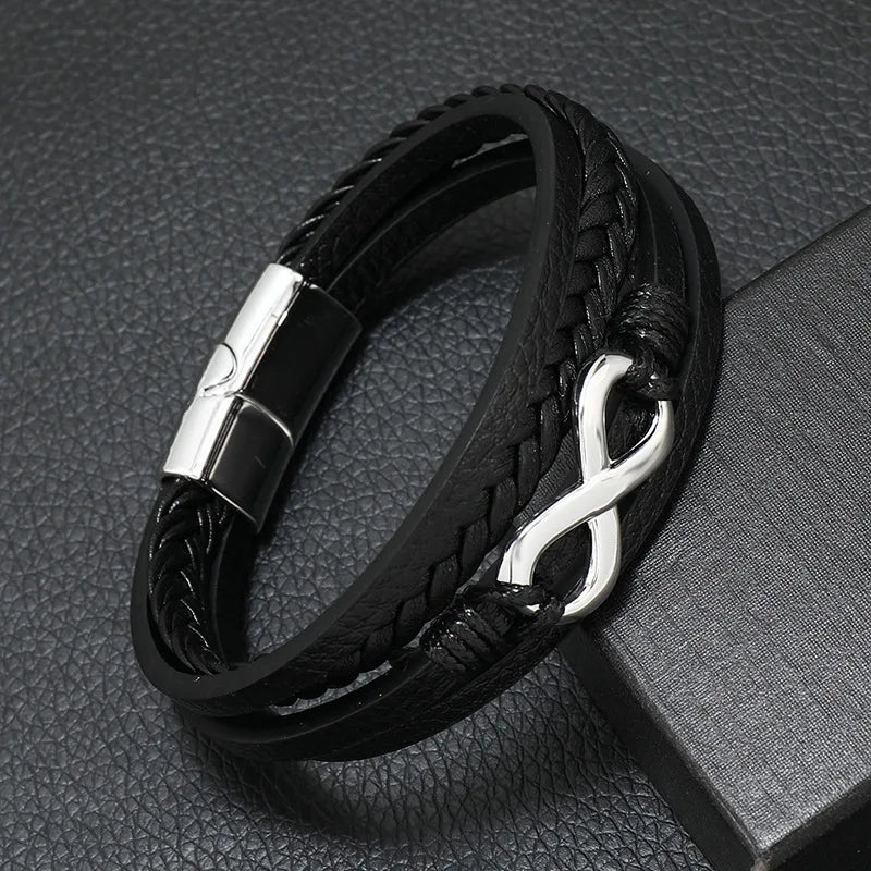 Men's Fashion Punk Leather Bracelet – Stainless Steel, Braided Rope, Multilayer Gift