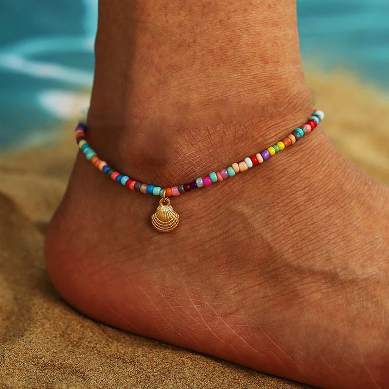 Multilayer Rice Bead Starfish Anklet Set for Women – Beach Summer Jewelry