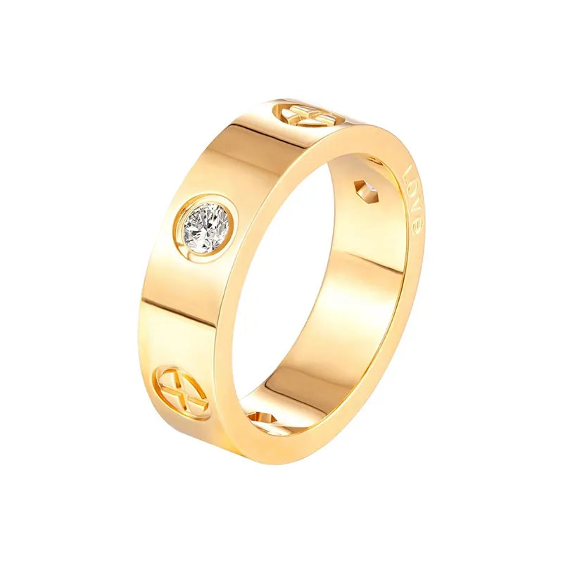 Trendy stainless steel rose gold color love ring for women & men CZ couple Crystal Luxury Brand rings