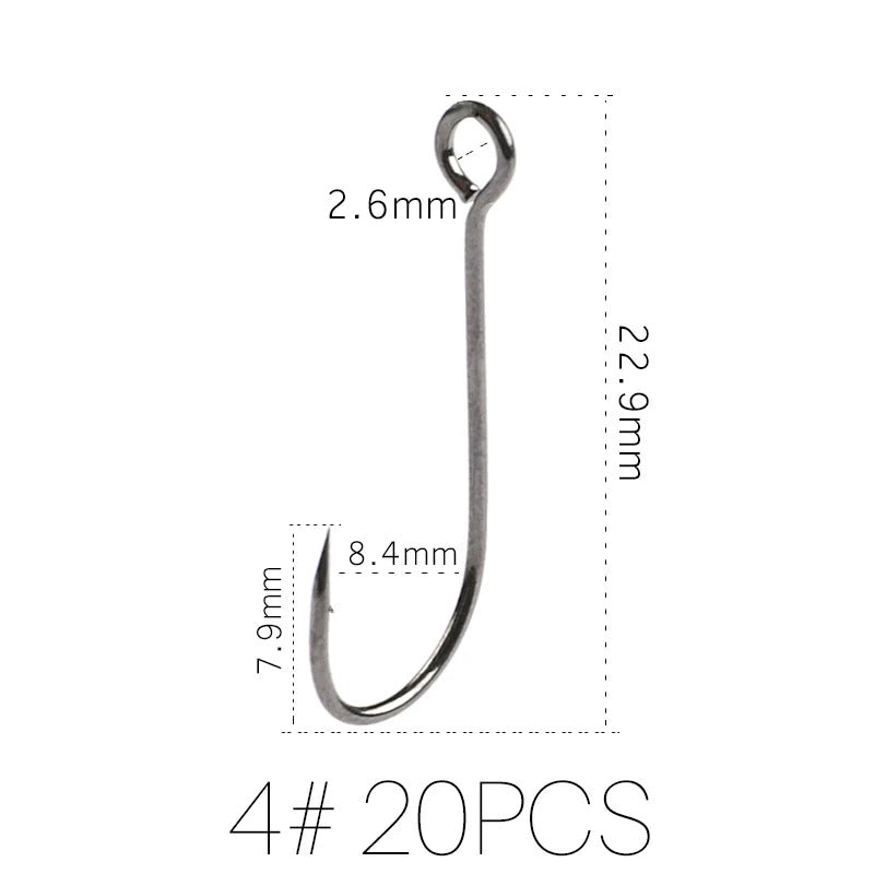 20pcs Supercontinent Barb Fishing Hooks – Carbon Steel Single Worm Hooks with Big Eye Ring