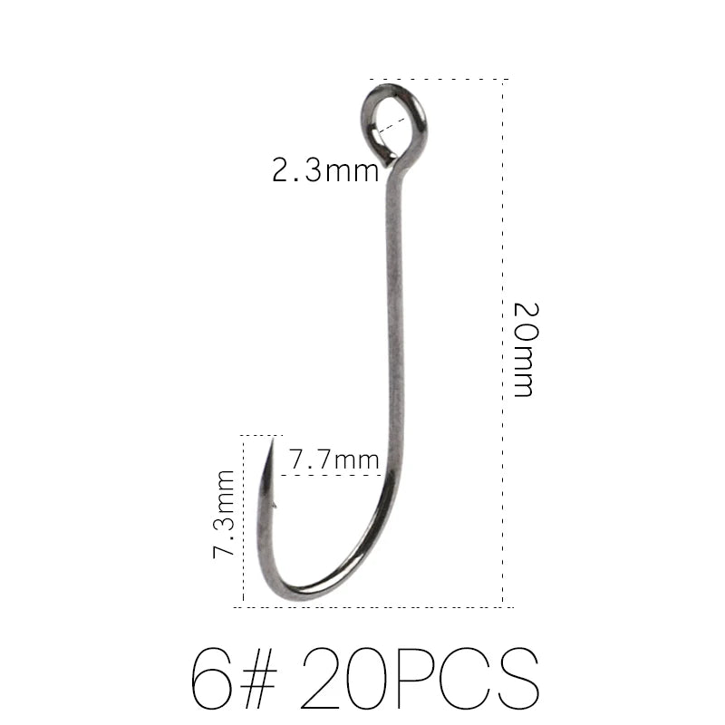 20pcs Supercontinent Barb Fishing Hooks – Carbon Steel Single Worm Hooks with Big Eye Ring