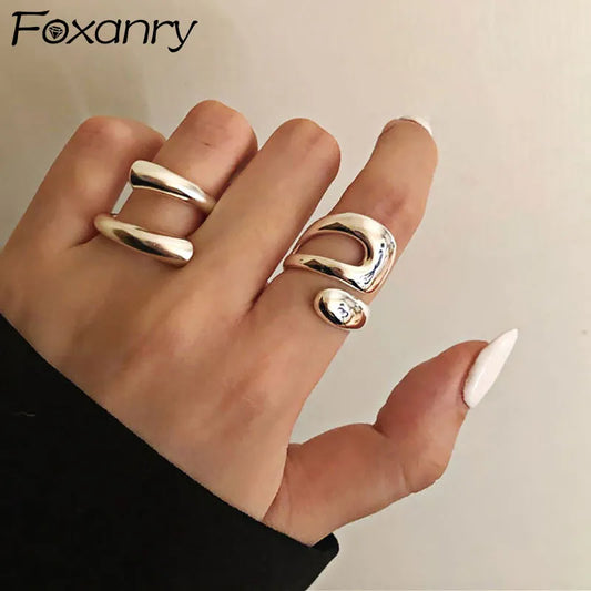 Foxanry Minimalist Silver Color Rings for Women Fashion Creative Hollow Irregular Geometric