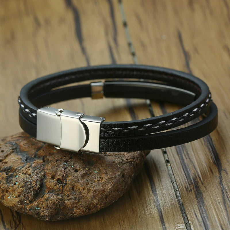Vnox Leather Bracelet for Men & Women – Stainless Steel Layered Bangle