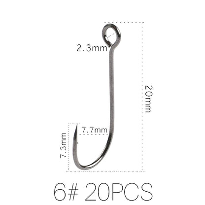 20pcs Supercontinent Barb Fishing Hooks – Carbon Steel Single Worm Hooks with Big Eye Ring