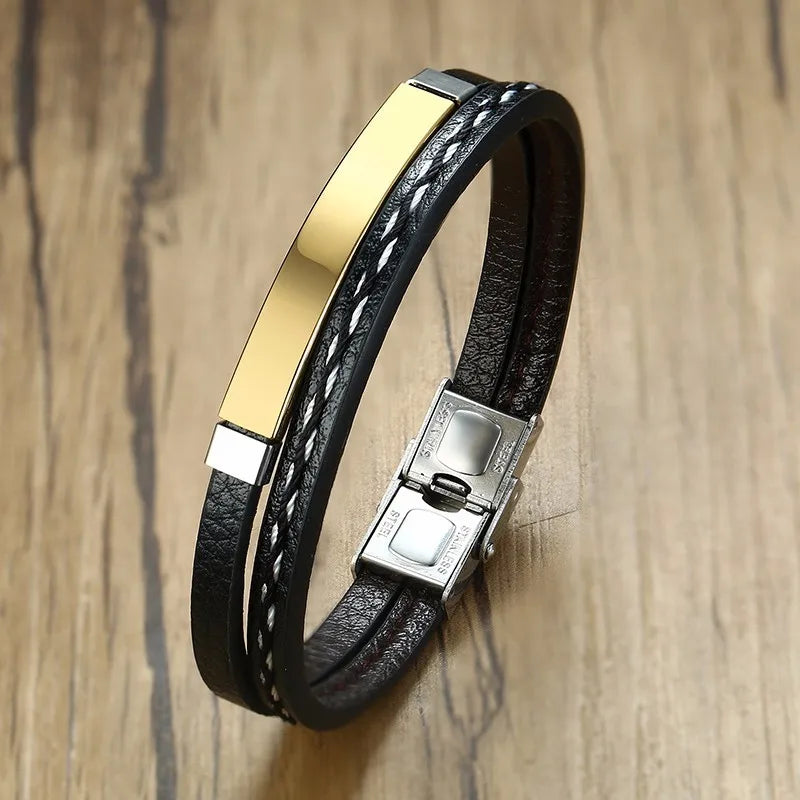 Vnox Leather Bracelet for Men & Women – Stainless Steel Layered Bangle