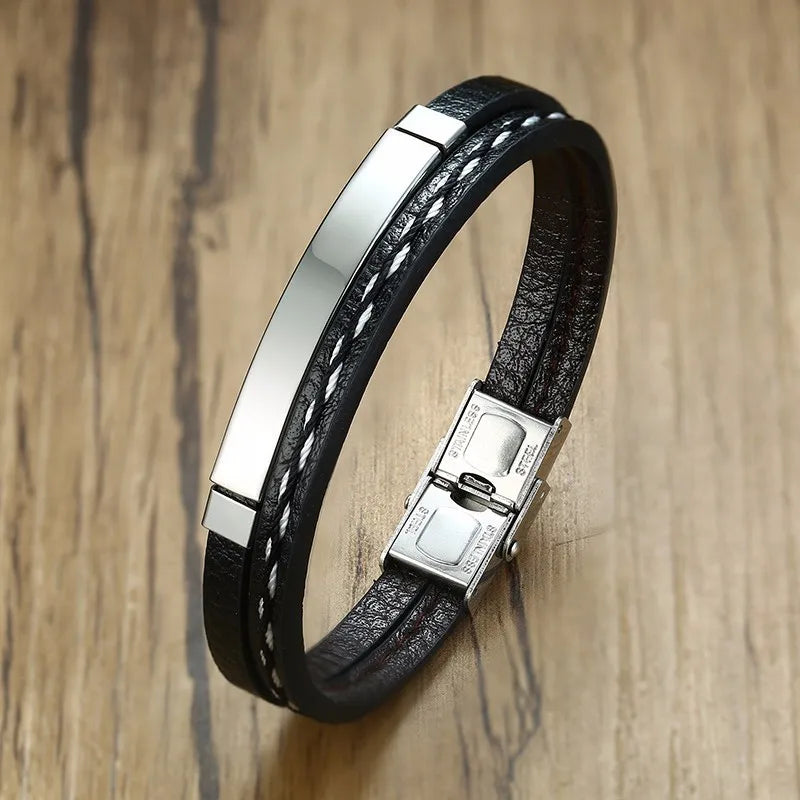 Vnox Leather Bracelet for Men & Women – Stainless Steel Layered Bangle