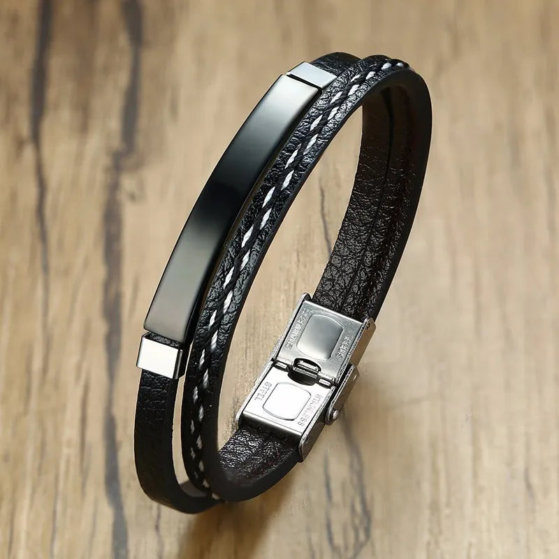 Vnox Leather Bracelet for Men & Women – Stainless Steel Layered Bangle