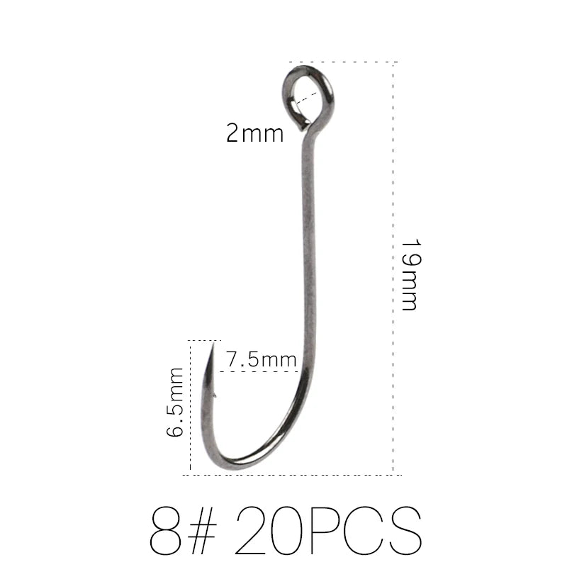 20pcs Supercontinent Barb Fishing Hooks – Carbon Steel Single Worm Hooks with Big Eye Ring