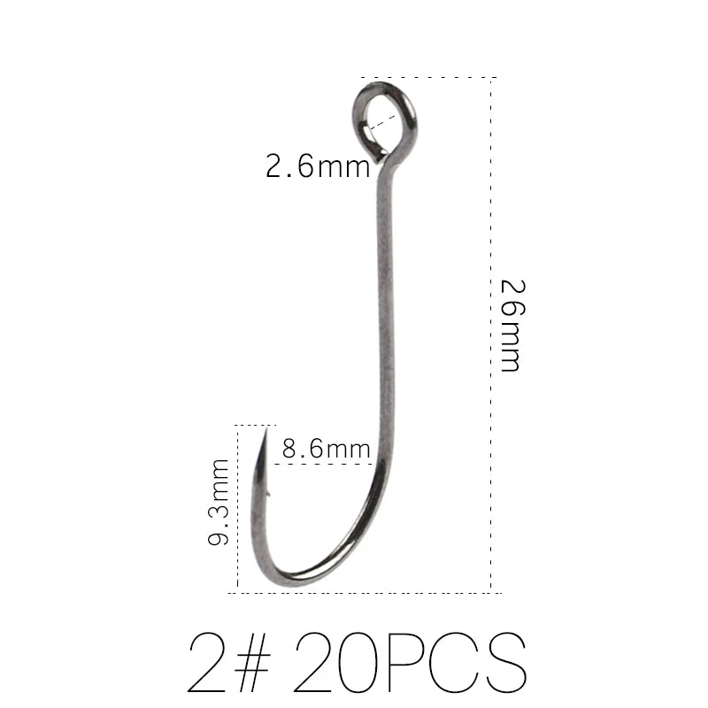 20pcs Supercontinent Barb Fishing Hooks – Carbon Steel Single Worm Hooks with Big Eye Ring