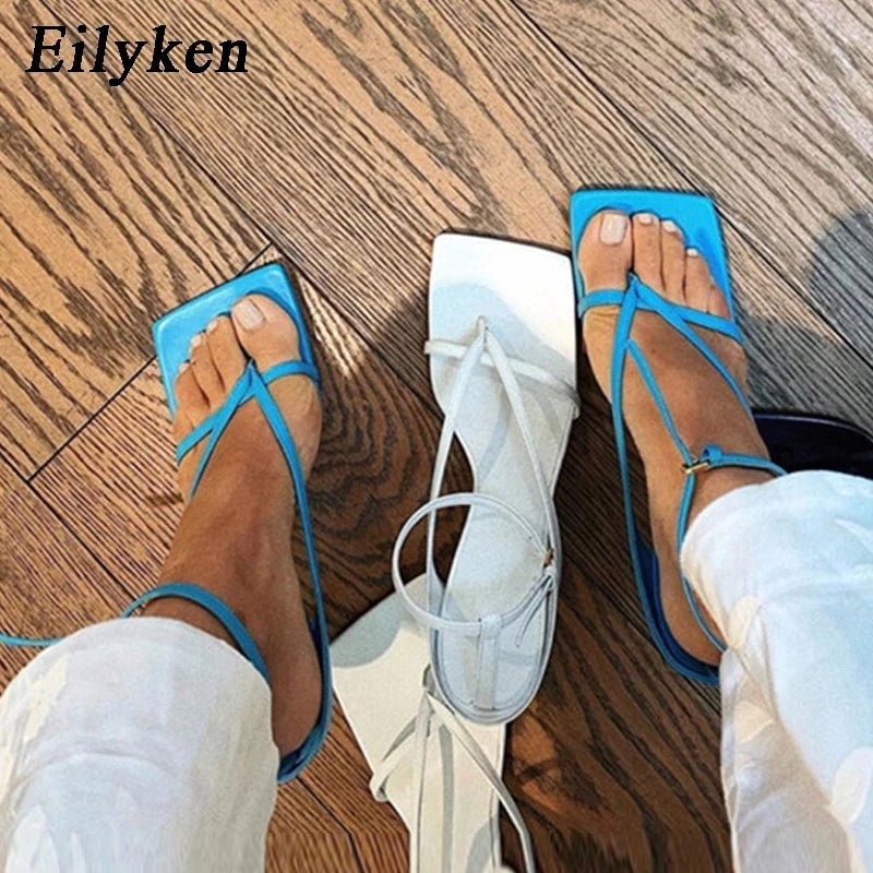 Pinch Narrow Band Women Sandals Summer Square Open Shoes - Himalaya Store
