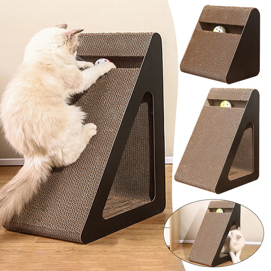 2-in-1 Cat Scratcher Toy with Spinning Balls – Triangle Cardboard Stress Relief