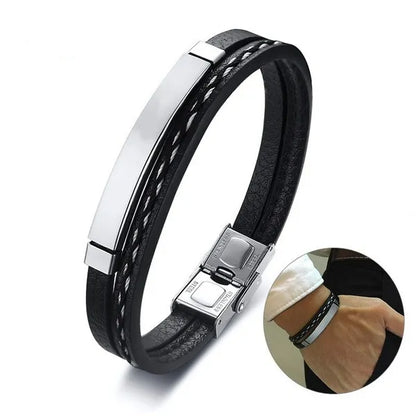 Delicia King bracelet trendy men's leather weave leisure color contrast stainless steel bangle