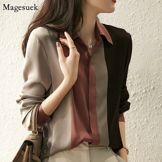 Long Sleeve Silk Women's Blouse Autumn New Polo Collar Button Loose Elegant Women's Shirt