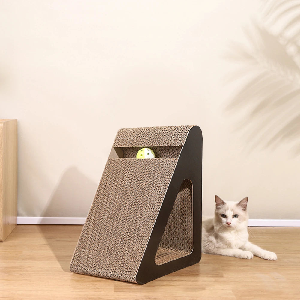 2-in-1 Cat Scratcher Toy with Spinning Balls – Triangle Cardboard Stress Relief