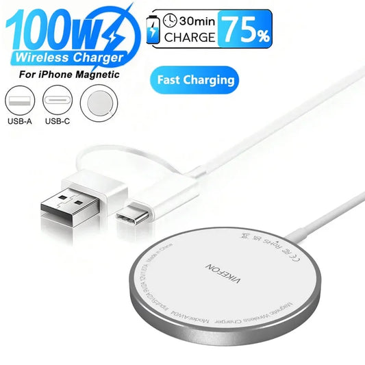 100W MagSafe Magnetic Wireless Charger Pad USB-C Fast Charging Dock for iPhone 12–16 Pro Max