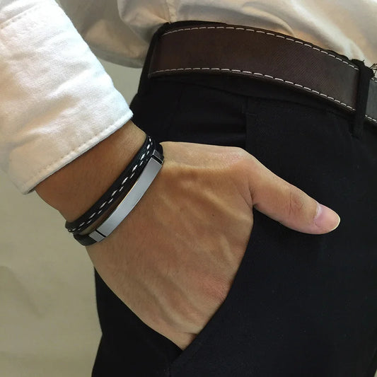 Vnox Leather Bracelet for Men & Women – Stainless Steel Layered Bangle