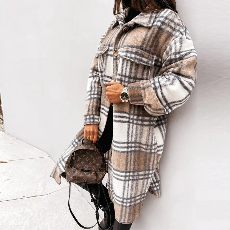 Single Breasted Trench Coat Fashion Long Autumn Winter Women's Long Sleeve Woolen Plaid Clothes