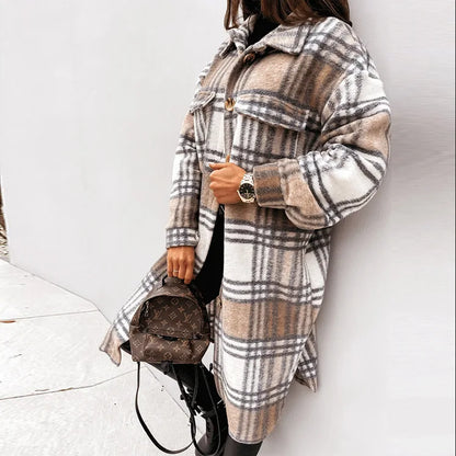 Single Breasted Trench Coat Fashion Long Autumn Winter Women's Long Sleeve Woolen Plaid Clothes