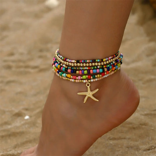 Multilayer Rice Bead Starfish Anklet Set for Women – Beach Summer Jewelry