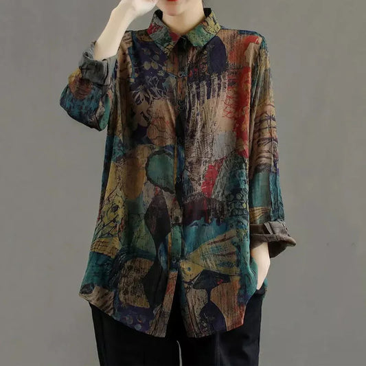 Spring Autumn Printed Women's Polo Neck Long Sleeve Loose Shirt