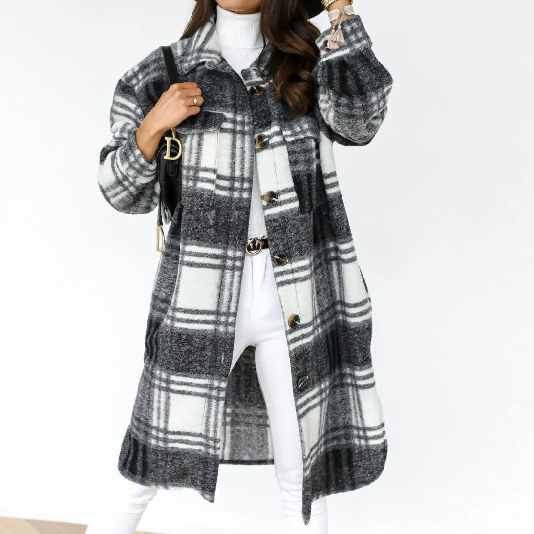 Single Breasted Trench Coat Fashion Long Autumn Winter Women's Long Sleeve Woolen Plaid Clothes