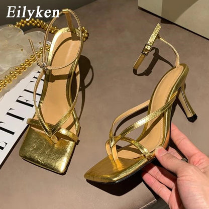 Pinch Narrow Band Women Sandals Summer Square Open Shoes - Himalaya Store